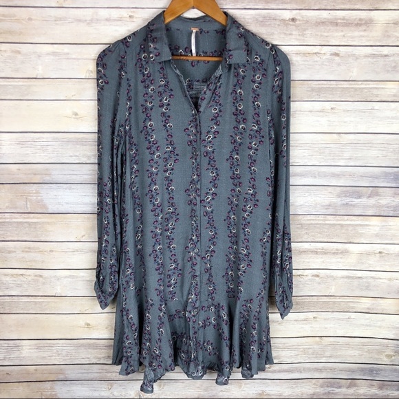 Free People | Grey Floral Shirt Mini Dress Size XS - Picture 1 of 8